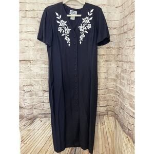 Vintage Dawn Joy II Dress Womens 14 Petite Navy Blue Midi Button Front Embroider